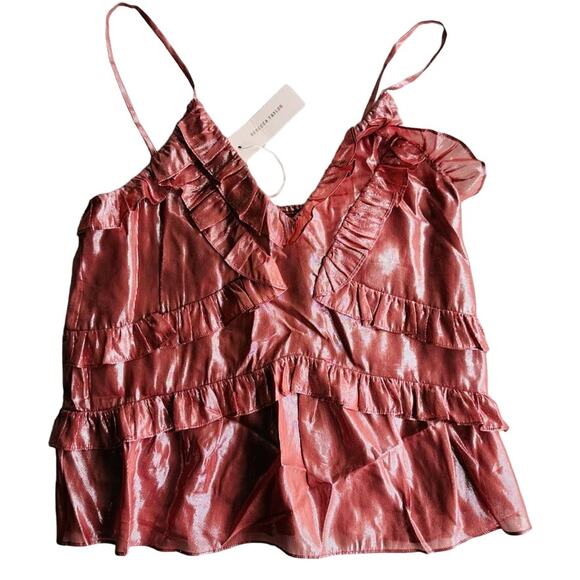 Rebecca Taylor Metallic Lurex Cami Ruffle Blouse Size Small NEW Rose Gold - Picture 2 of 5